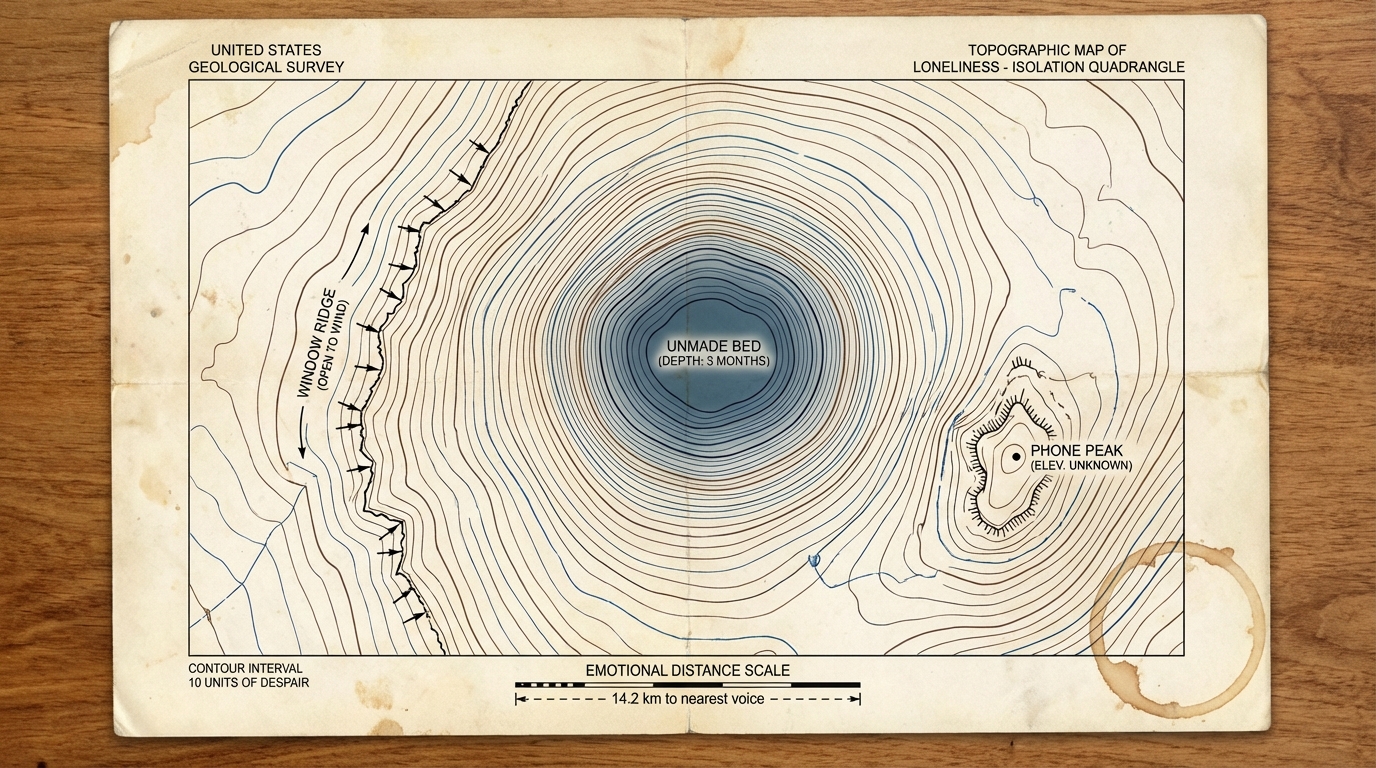 Topographic map of loneliness showing contour lines around an unmade bed, with emotional distance scale