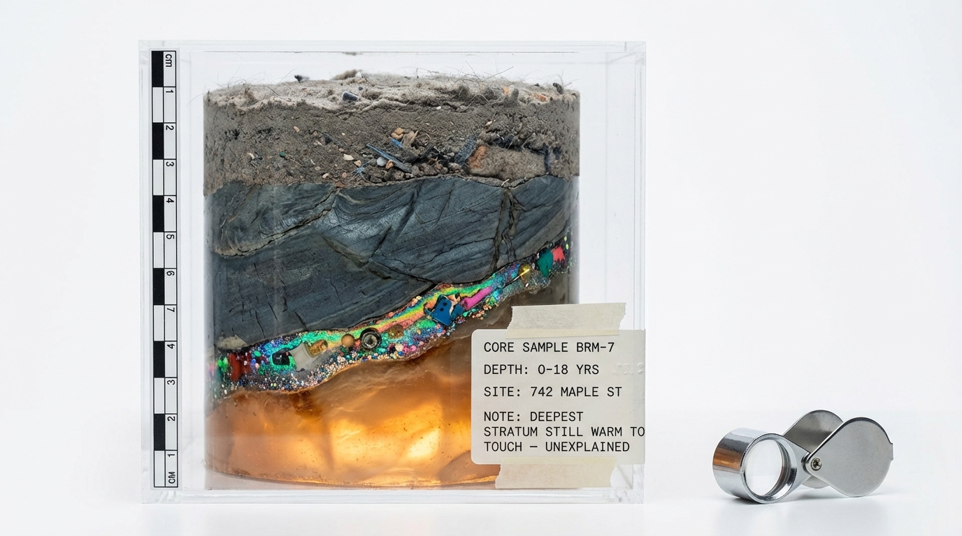 Geological core sample from a childhood bedroom showing layers from dust to amber glow