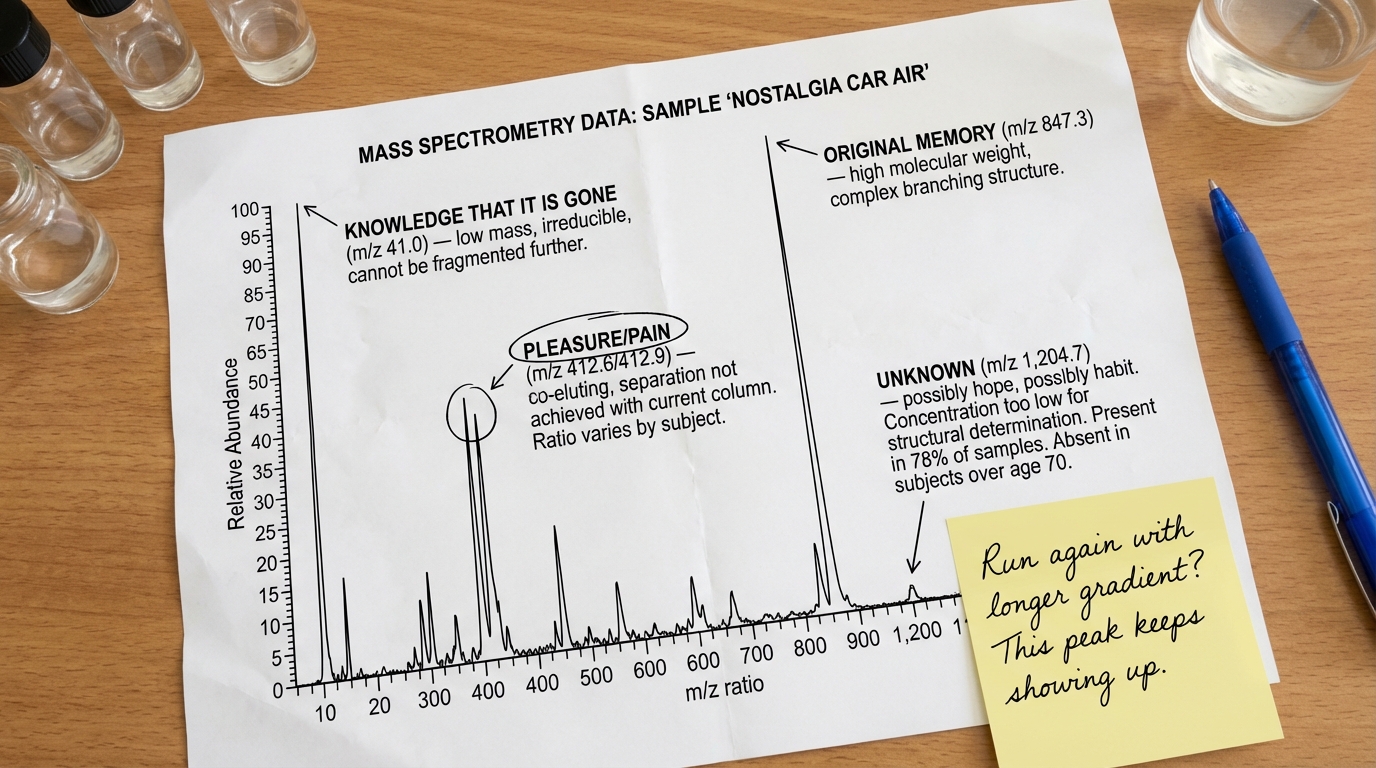 Mass spectrometry readout showing peaks for original memory, knowledge that it is gone, and an unknown compound