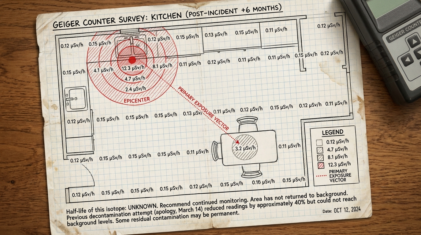 Geiger counter survey map of a kitchen showing radiation-style contamination where something terrible was said