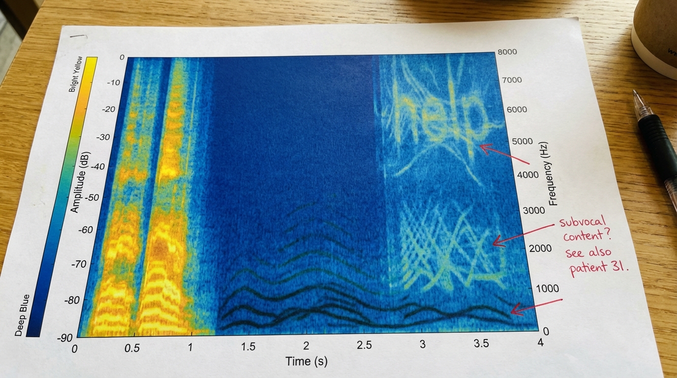 Audio spectrogram showing ghost frequencies in silence after someone says I'm fine, with the word help visible in the overtones