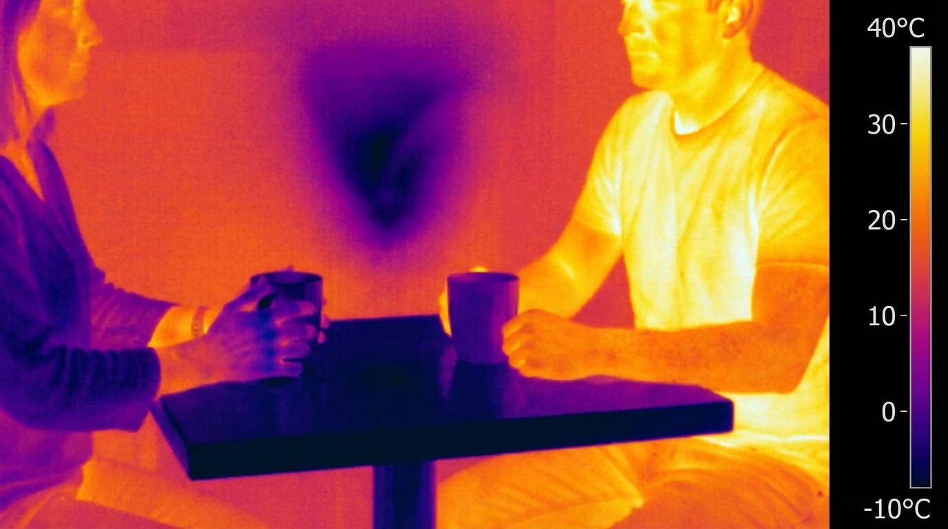 Thermal image of two people at a cafe table with a cold void forming in the air between them