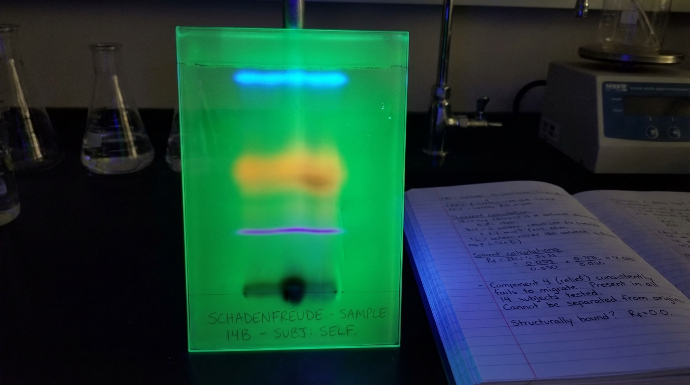 TLC plate under UV light showing separated components of schadenfreude with lab notebook
