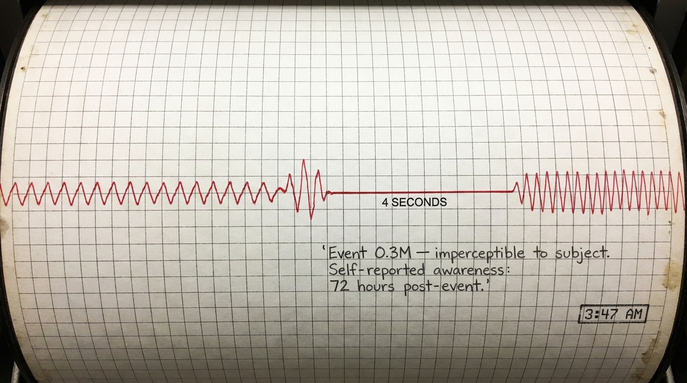 Seismograph trace showing a steady rhythm interrupted by a 4-second flat line before resuming slightly shifted