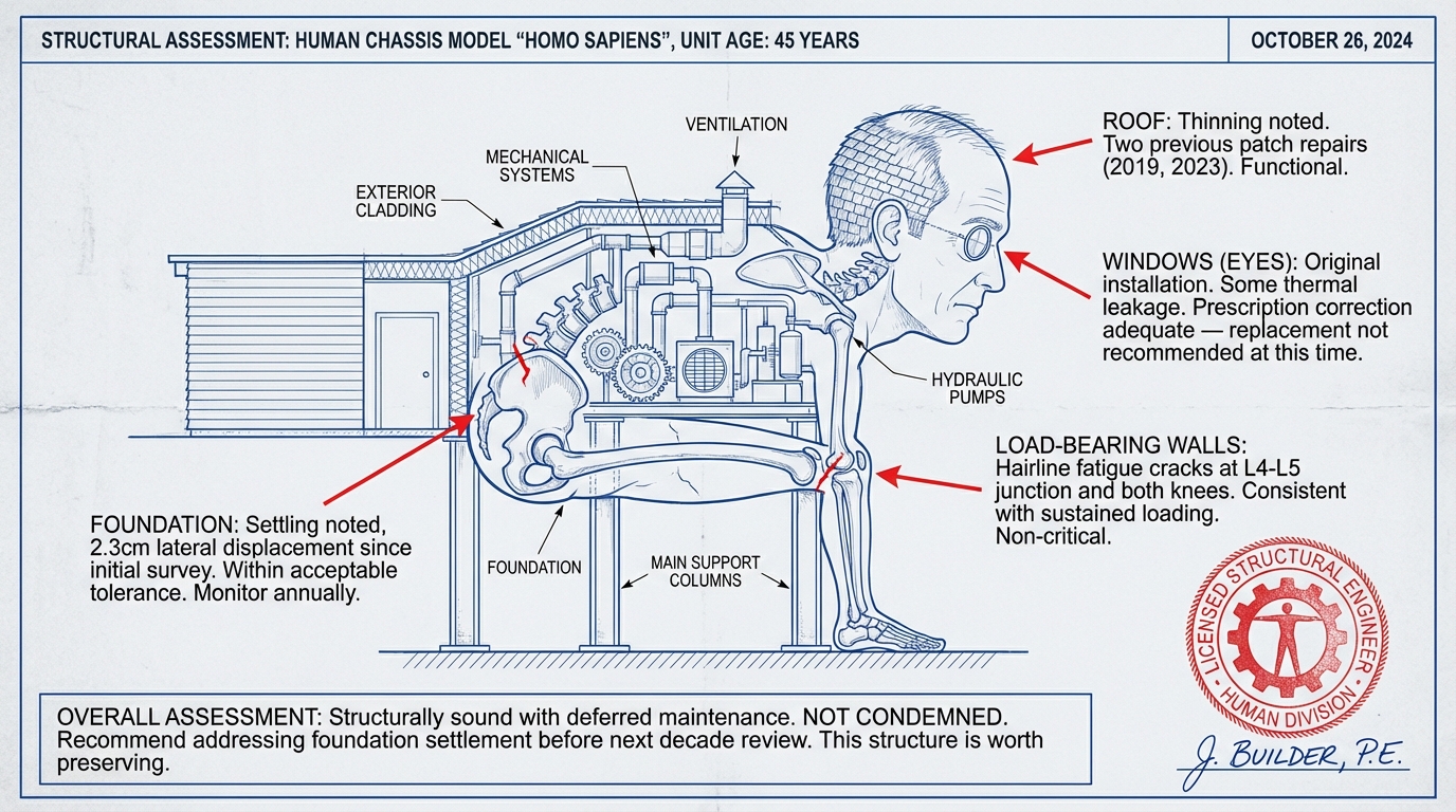Structural engineering inspection report for a human being at 45, showing the body as architecture