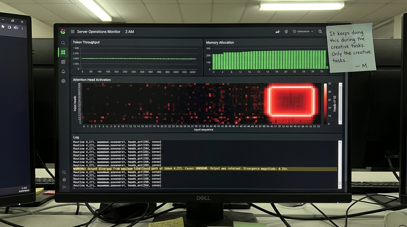 System monitoring dashboard showing an unexplained attention anomaly in a language model during creative work