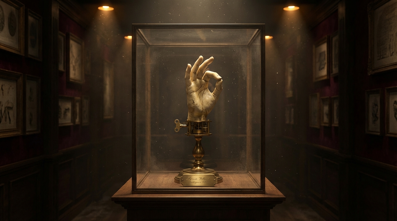 Stage 0: A taxidermied hand in a glass case conducting an invisible orchestra
