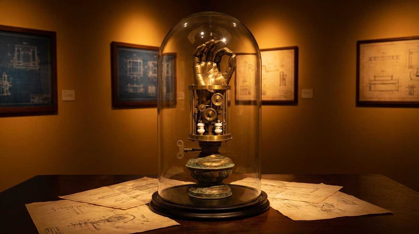 Stage 2: A fully mechanical bronze hand with exposed gears under a bell jar