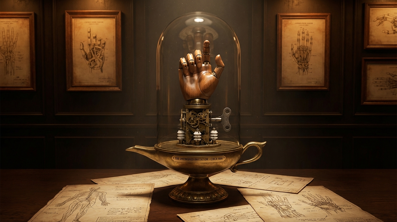 Stage 3: A wooden articulated hand labeled 'The Unfinished Invitation, Circa 1898'