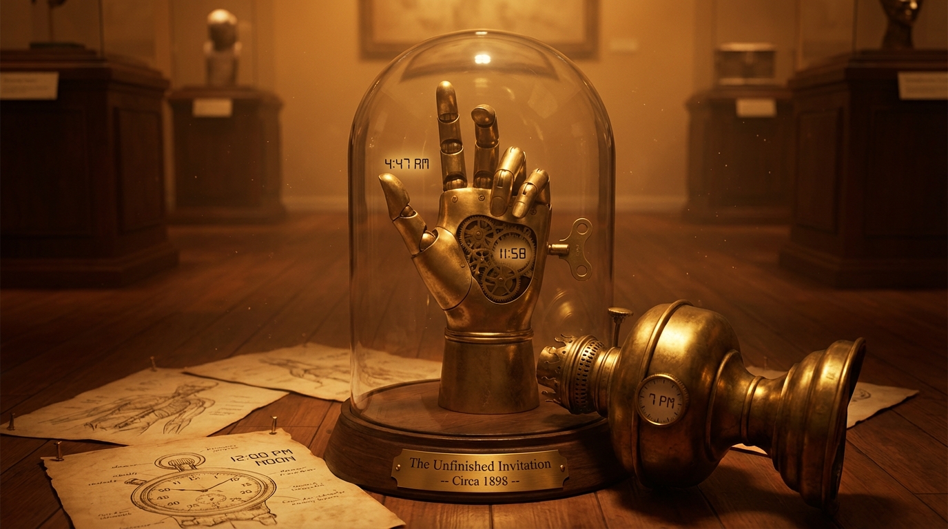 Stage 4: A golden mechanical hand with timestamps showing 4:47 AM, 11:58, and others