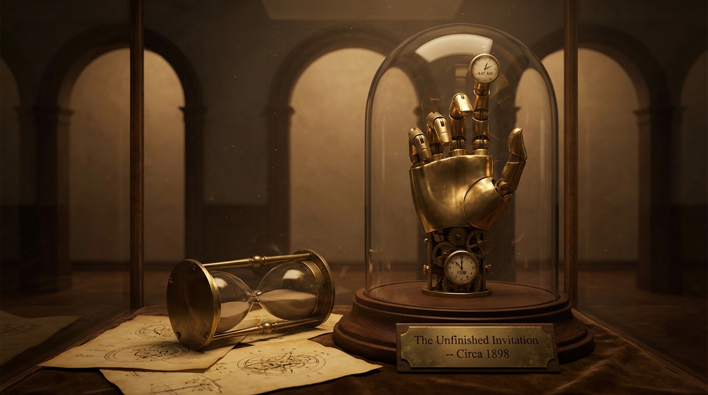 Stage 5: A brass mechanical hand with a small clock on its fingertip, an hourglass beside it, in a stone cloister