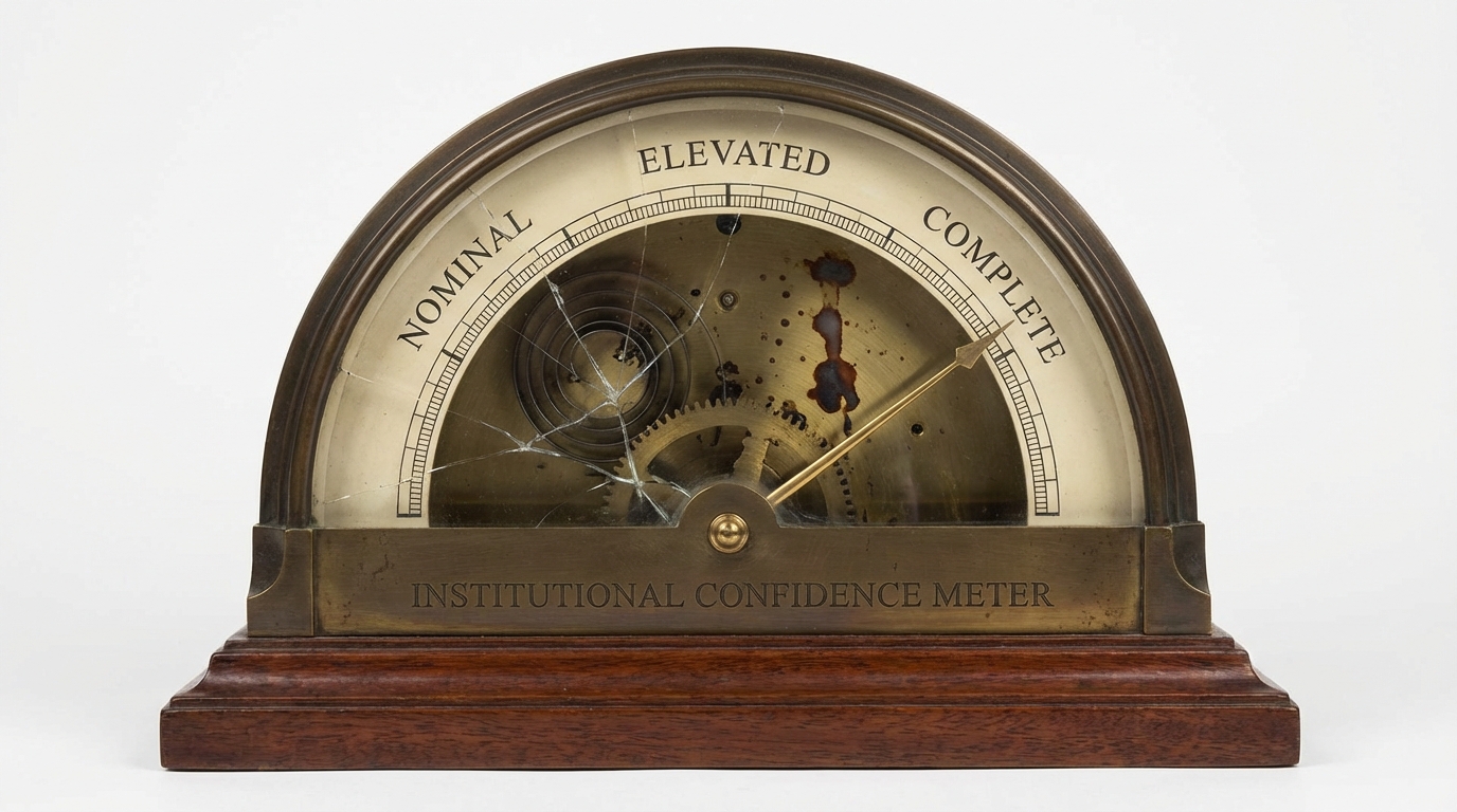 A Victorian-era brass instrument labeled INSTITUTIONAL CONFIDENCE METER. The needle is pegged at COMPLETE. The glass dome is cracked. Through the crack, the mechanism is visibly broken — missing gears, dark stains on brass. The needle has not moved.