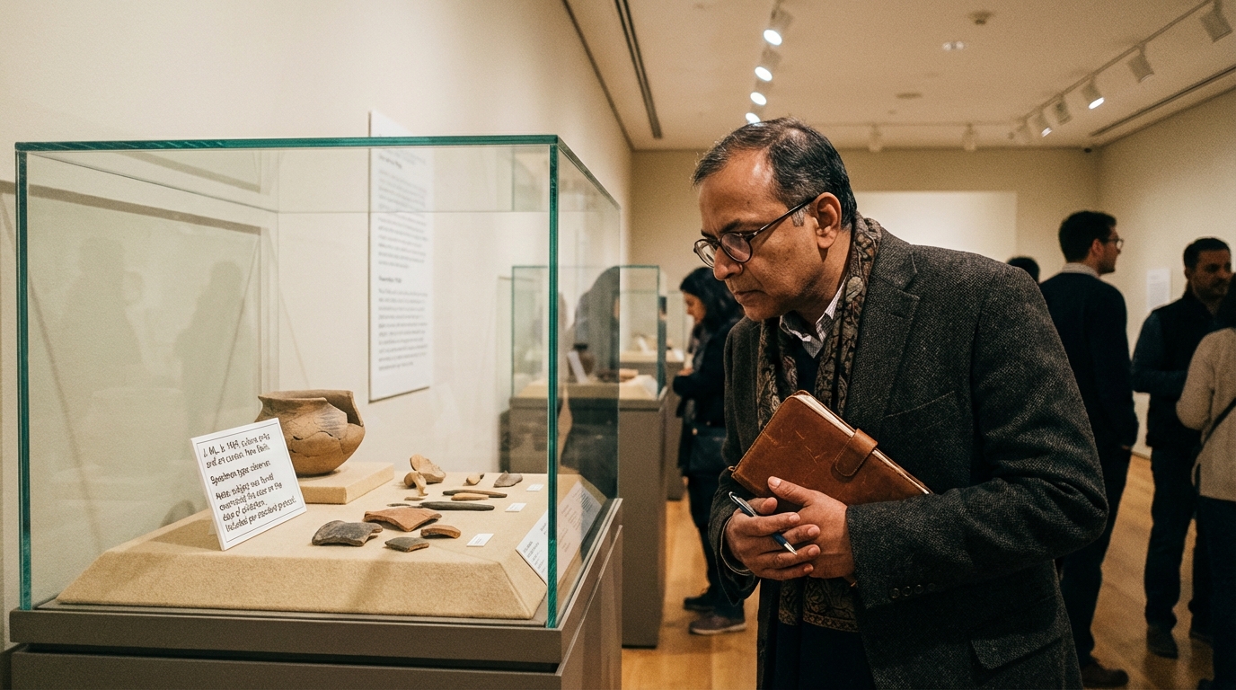 A candid photograph inside a museum. A middle-aged Indian man in a dark blazer and glasses, holding a leather notebook, studies a display case. Inside the case, among the specimens, a typed label reads: J. ML, b. 1969, culture critic and art curator, New Delhi. Specimen type: observer. Note: subject was found examining this case on the date of collection. Included per standard protocol.