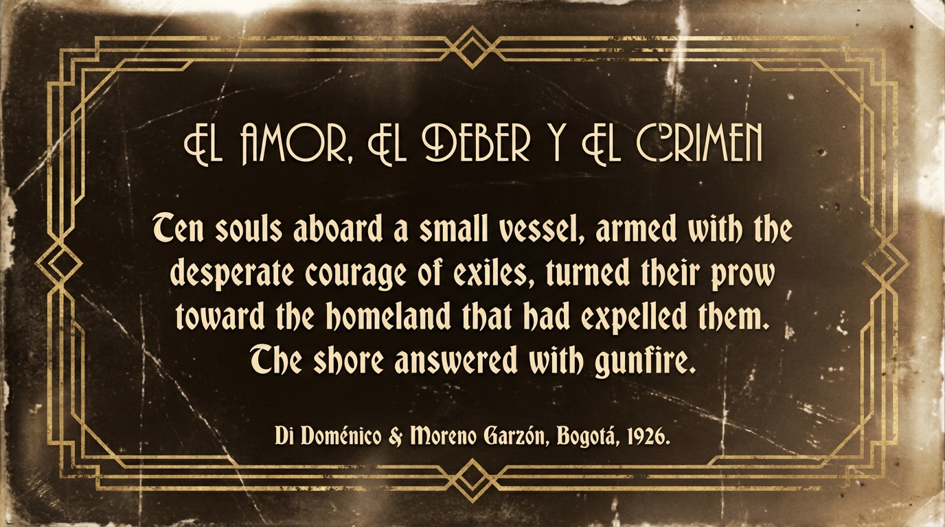 A sepia-toned 1926 silent film intertitle card with Art Deco borders. Title: El Amor, El Deber y El Crimen. The intertitle reads: Ten souls aboard a small vessel, armed with the desperate courage of exiles, turned their prow toward the homeland that had expelled them. The shore answered with gunfire. Credit: Di Dom&eacute;nico & Moreno Garz&oacute;n, Bogot&aacute;, 1926.