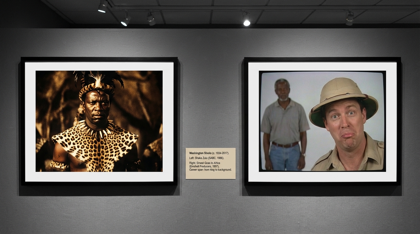 Two framed film stills in a gallery. Left: A powerful African warrior king in Zulu regalia, dramatic cinematic lighting, commanding presence. Right: The same actor, older, out of focus, standing in the background while a white comedian in a safari hat mugs for the camera. Caption between them reads: Washington Sixolo (c. 1934-2017). Left: Shaka Zulu (SABC, 1986). Right: Ernest Goes to Africa (Emshell Producers, 1997). Career span: from king to background.