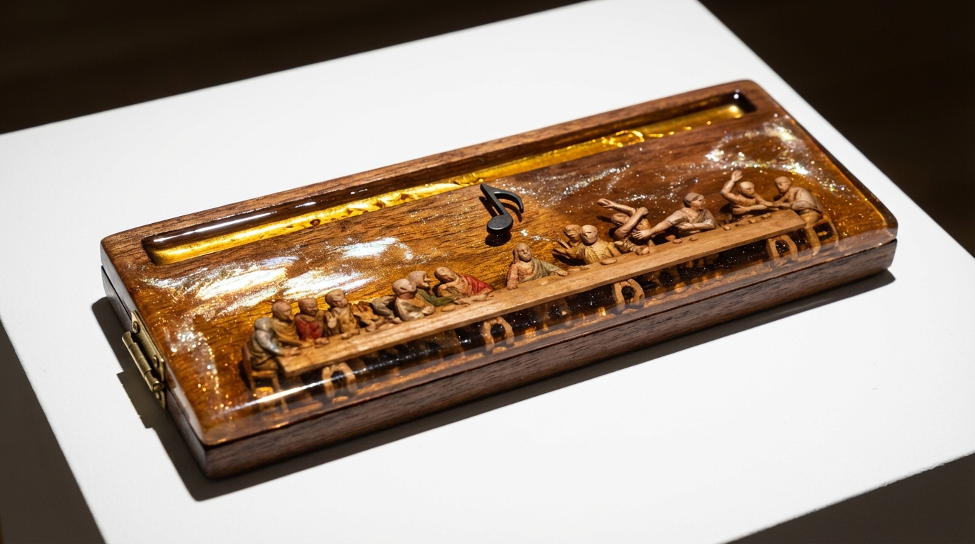 An amber resin panel with 157 tiny human figures seated around a long table, a brass hinge revealing piano keys, an iron eighth note, and a channel of backlit honey.