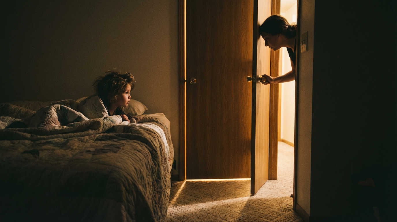 A mother closing a bedroom door while a small child watches from the bed. A wedge of warm golden light narrows on the carpet.