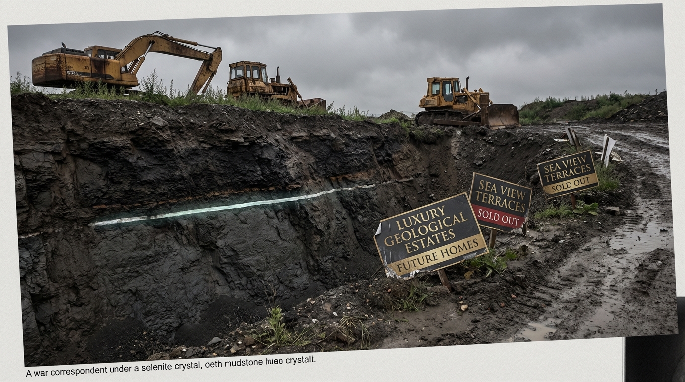 An abandoned excavation site with luxury real estate signs tilting in mud. A thin luminous selenite line cuts through the dark cliff face. Overcast sky. Rusting equipment.