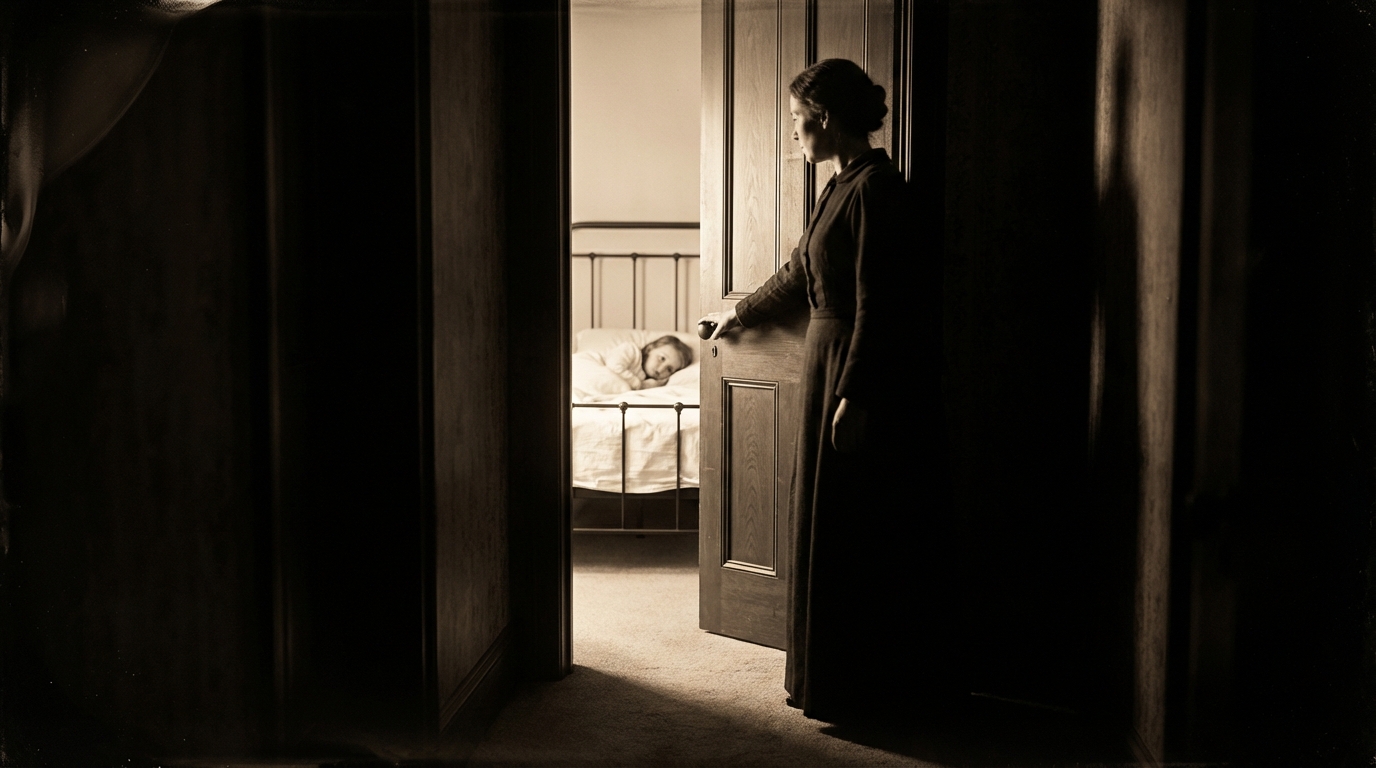 Wet plate collodion photograph, circa 1873. A woman in a dark wool dress at a partially closed bedroom door.