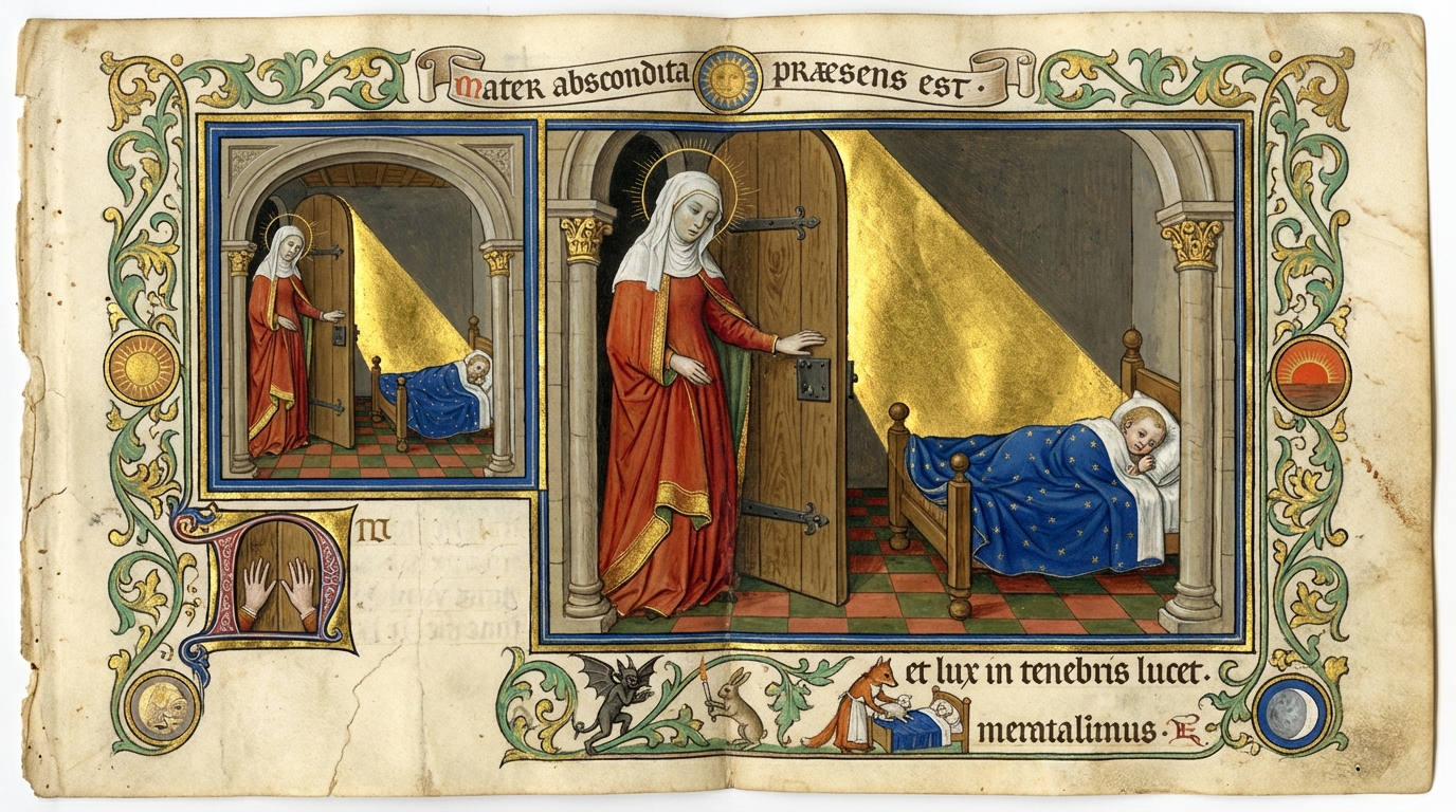 A page from a medieval Book of Hours. Gold leaf, lapis lazuli, vermillion. A woman with a golden nimbus closing a door. Latin text: MATER ABSCONDITA PRAESENS EST.