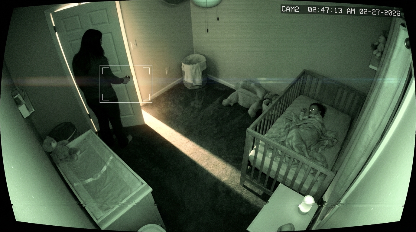 Infrared baby monitor footage. Green night vision. CAM2 02:47:13 AM. Motion detection brackets around a mother's hand on a door.