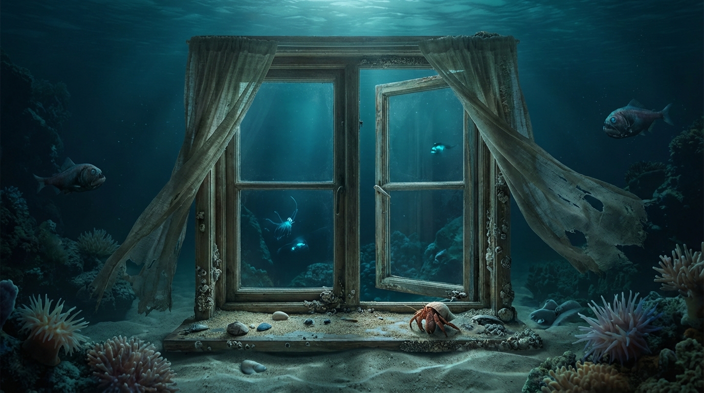 A wooden residential window sitting upright on the ocean floor. Curtains drift in the current. A hermit crab sits on the sill. Coral frames both sides. Through the glass, jellyfish glow in deeper water.