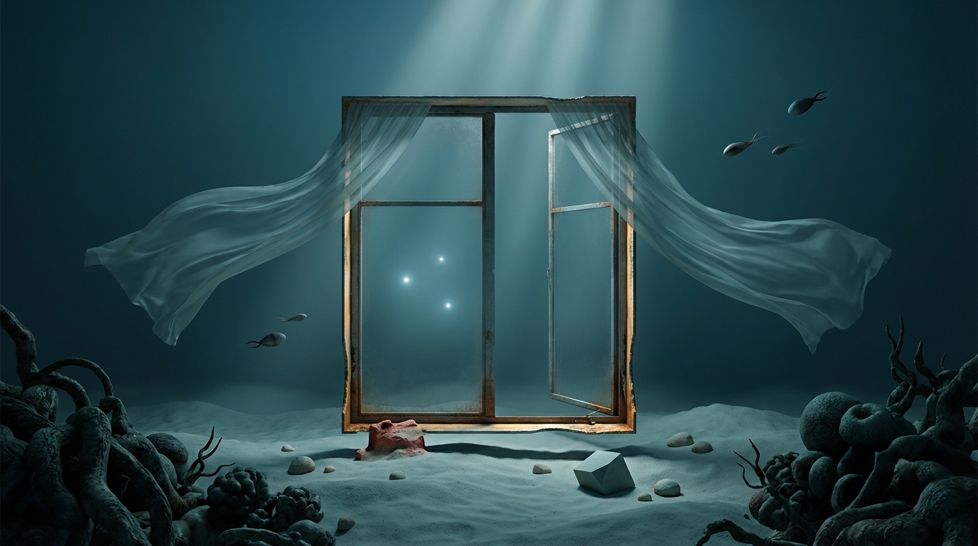 The geometric description reconstructed the underwater window almost perfectly — the structure was so precisely described that it survived translation nearly intact. The coral became tangled roots, the hermit crab became a reddish rock.