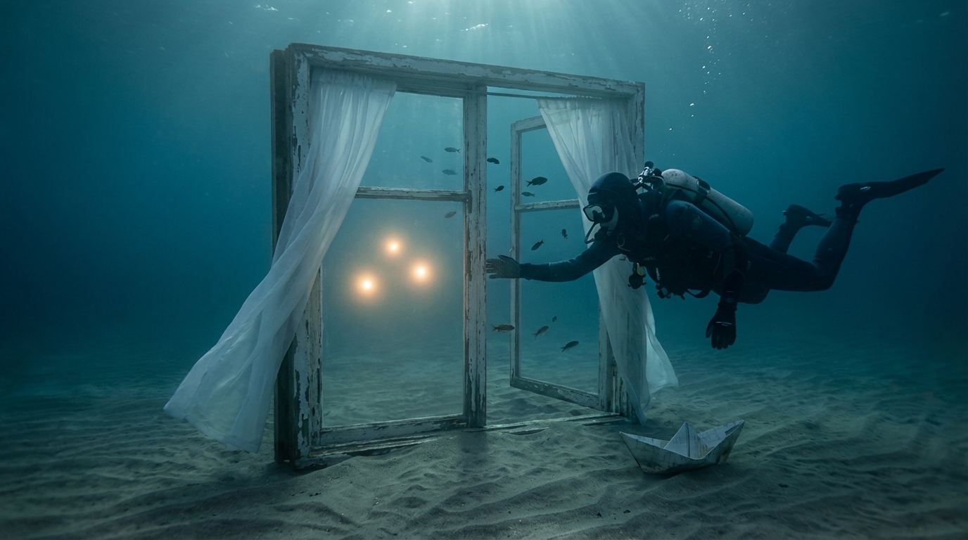 The underwater window now has a diver reaching for it, a paper origami boat on the sand, and three warm amber lights glowing through the glass. The coral is gone. The scene has a story.