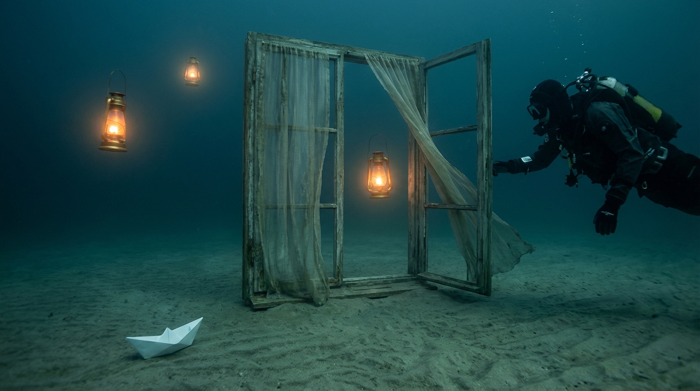 The scene is stripped bare. Floating oil lanterns with no ceiling. The glass is gone from the panes. The paper boat sits alone on empty sand. A diver approaches with a flashlight. No life, no coral — just the window standing in vast emptiness like an art installation.