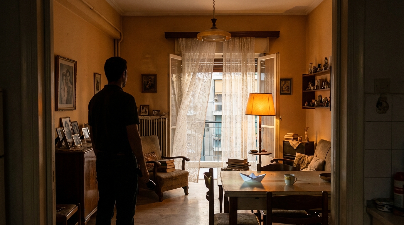 A warm Mediterranean apartment with ochre walls. A man stands silhouetted in the doorway. Framed photographs on a cabinet. Open balcony doors with lace curtains. An amber reading lamp. A blue paper boat on a table with books and a coffee cup. The ocean is gone.